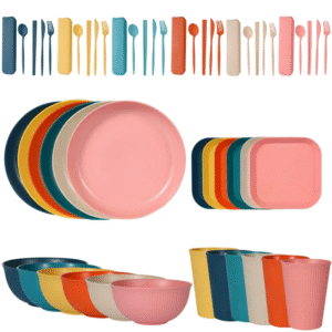 Thickened Wheat Straw Dinnerware Set with Vertical Pattern Includes Bowls Plates Cups