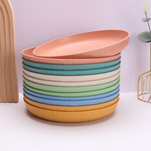 Hot Sale Eco-Friendly Wheat Straw Fiber Striped Vertical Round Plates in Multiple Colors Plastic plates
