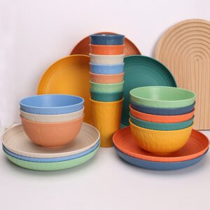 Portable Outdoor Tableware Set with Unique Glacier Pattern Wheat Straw Dinnerware Set
