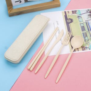 Portable Travel 4pcs Wheat Straw Cutlery Set Spoon Knife Fork Chopsticks Set Reusable Plastic Flatware With Box