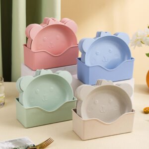 Cheap Cartoon Reusable Eco Friendly Wheat Straw Fiber Plastic Party Dinner Dessert Snack Plate Dishes Set
