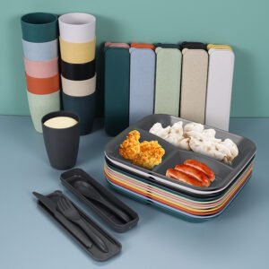Nordic Style 3 Compartment PP Fiber Plastic Plate Sets Wheat Straw Dinner Set