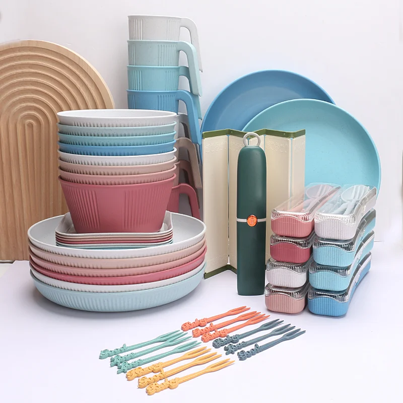 Stackable plates bowls cups and portable cutlery for outdoor meal kits