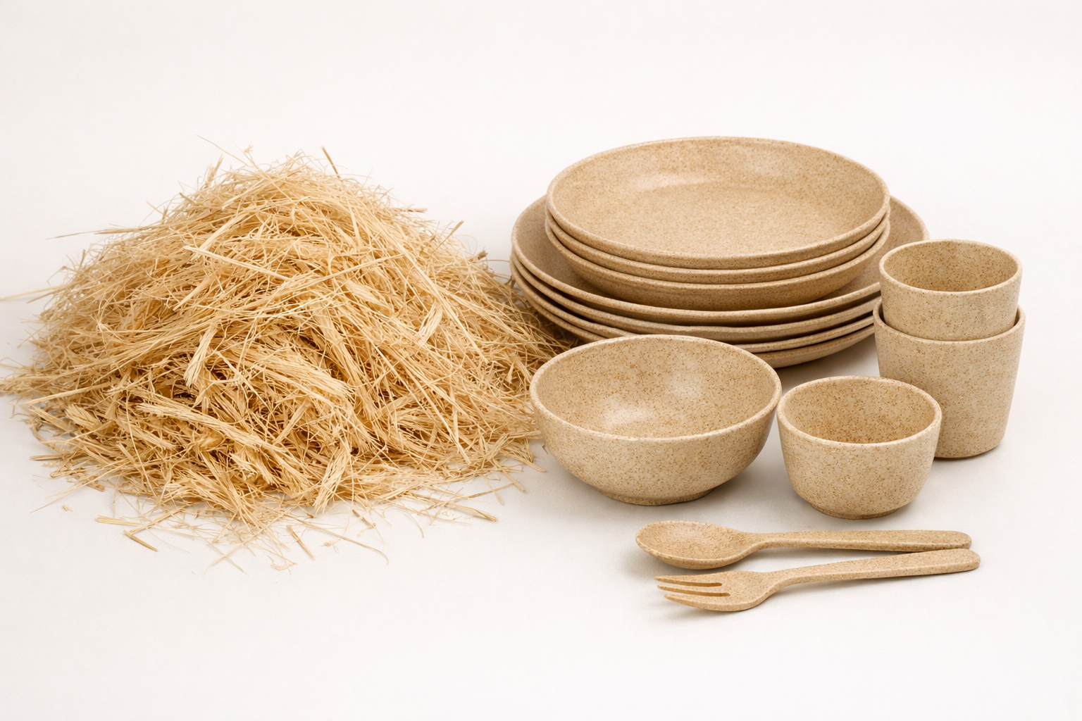 Raw wheat straw fibers next to finished wheat straw plates and bowls on a clean background