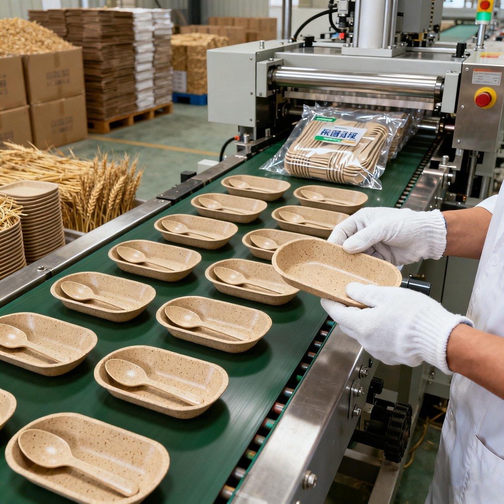 Factory production line or injection molding process of wheat straw tableware