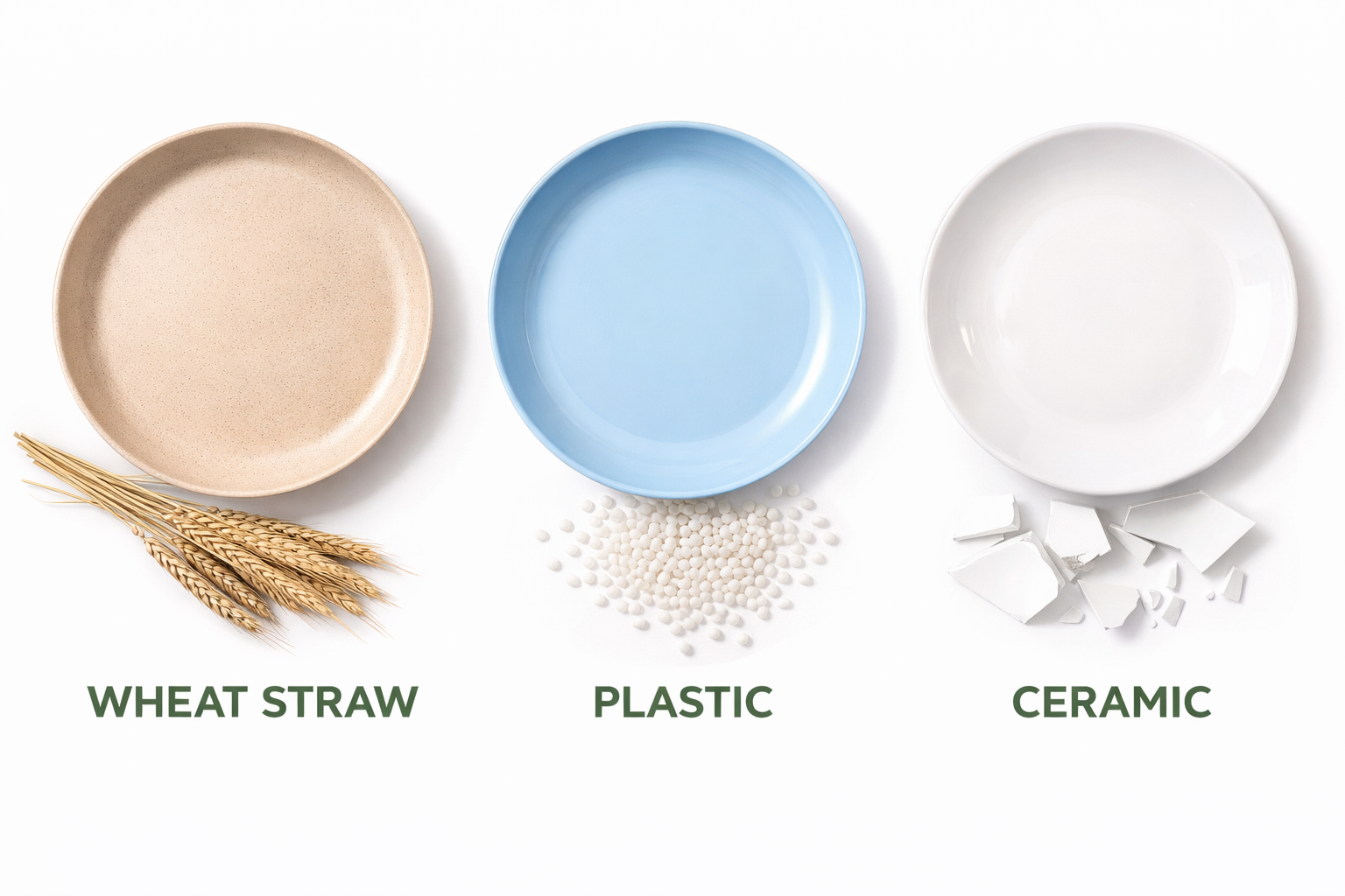Comparison image showing wheat straw vs plastic vs ceramic plates