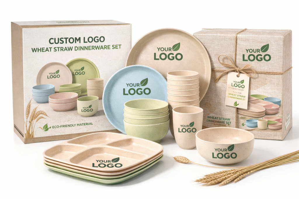 Custom logo wheat straw dinnerware with retail or gift packaging