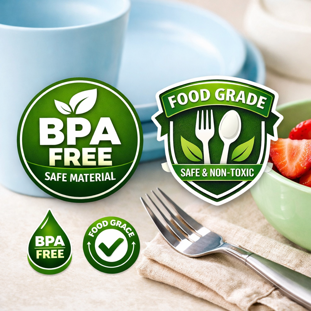 Close-up of tableware with “BPA Free / Food Grade” icons or certification visuals
