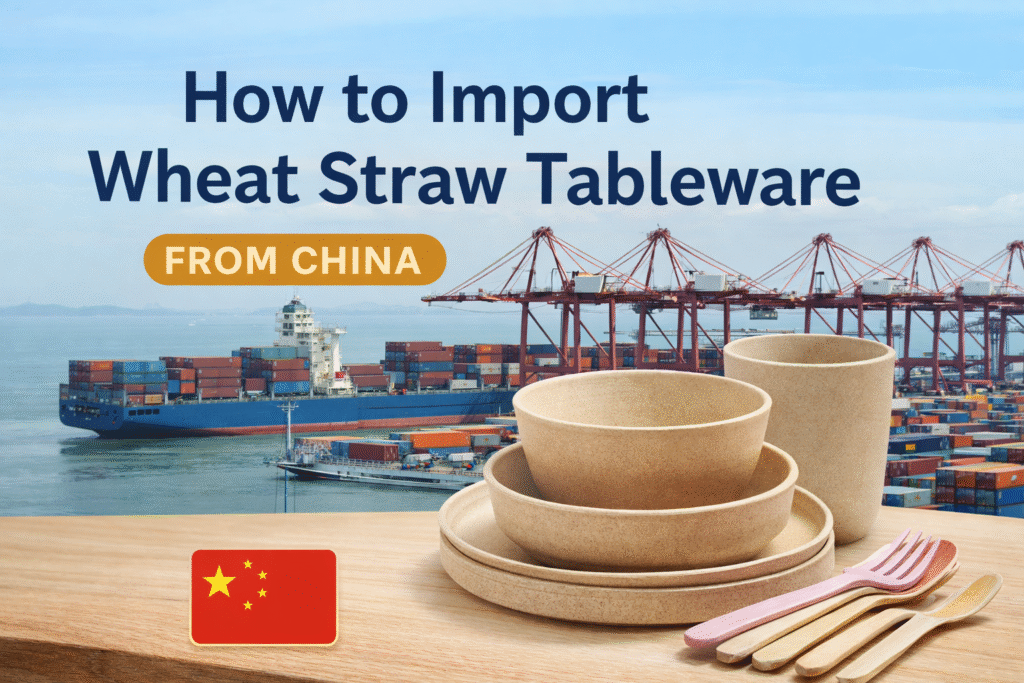 Wheat straw tableware set including plates, bowls, cup and cutlery with shipping port background illustrating how to import wheat straw tableware from China