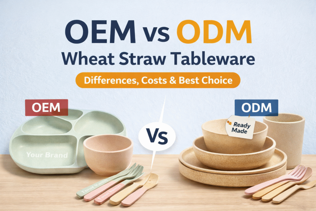 Wheat straw tableware set with plates bowls and cutlery at shipping port representing how to import wheat straw tableware from China