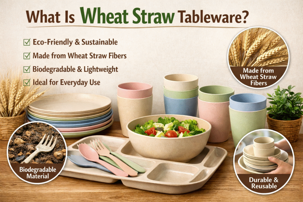 Eco-friendly wheat straw tableware set including plates bowls and cutlery for sustainable brands
