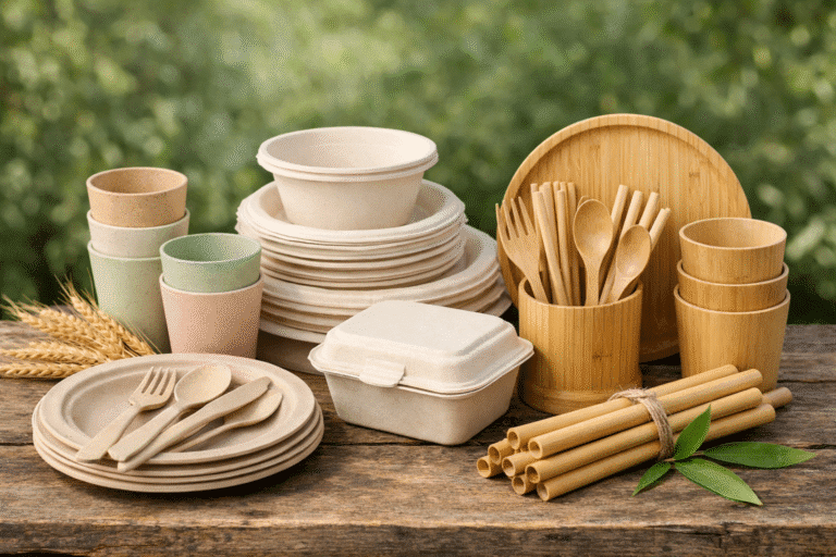eco friendly tableware made from wheat straw bamboo and bagasse materials