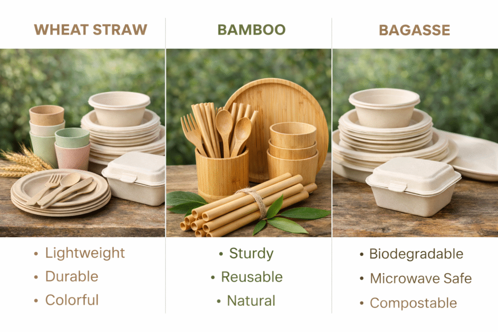 sustainable tableware materials wheat straw bamboo bagasse