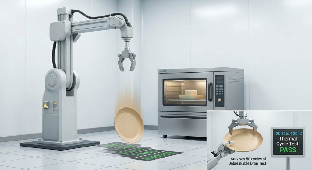 Unbreakable wheat straw plate drop test and microwave safety thermal cycle testing in laboratory
