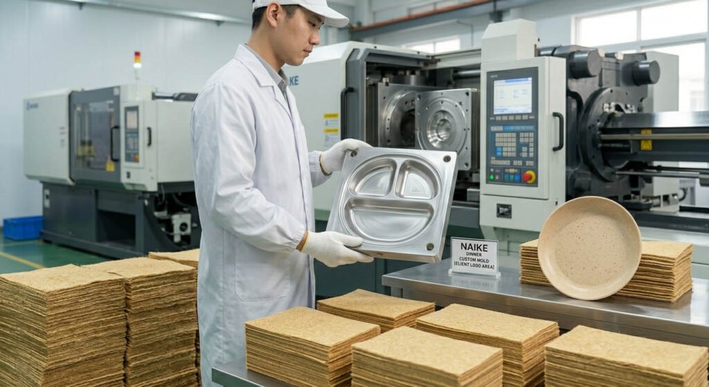 Professional wheat straw tableware manufacturer showing custom mold injection process for OEM ODM orders