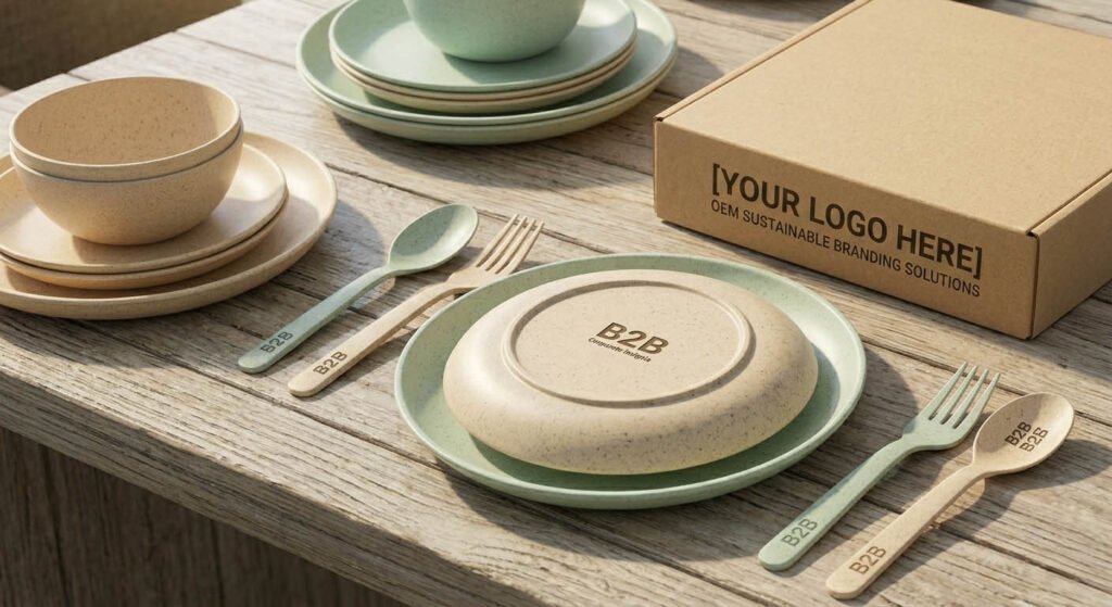 Customized wheat straw dinnerware with laser engraved logo for wholesale B2B branding solutions