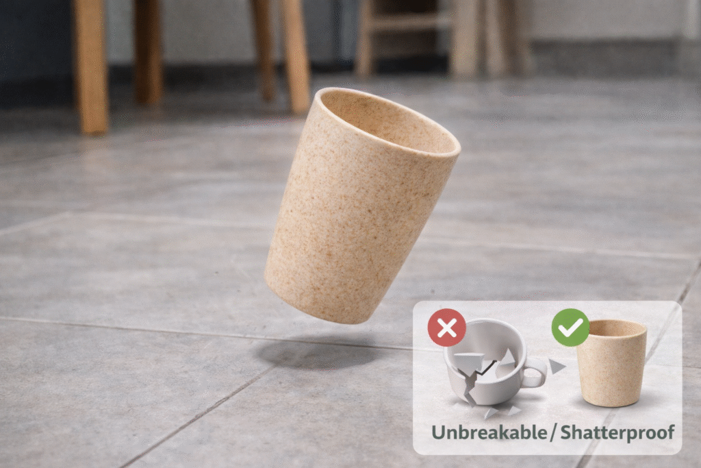 Dynamic drop-test of unbreakable Naike Wheat Straw Cup on tile floor