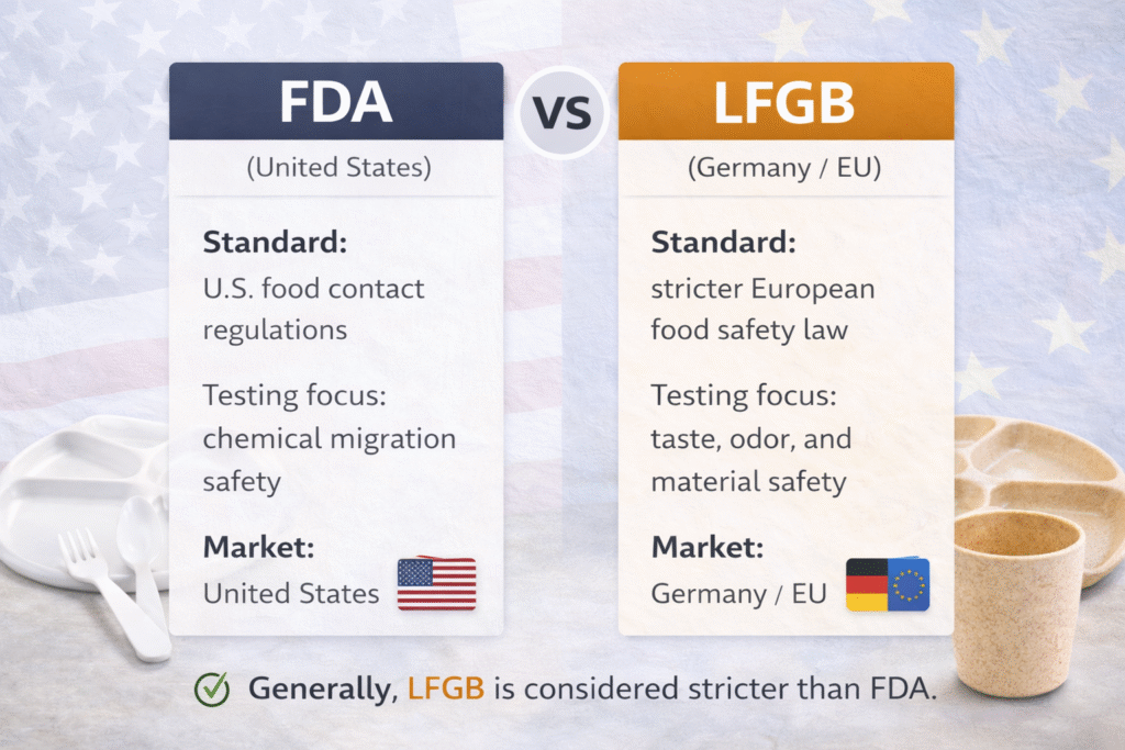FDA vs LFGB certification for tableware comparison showing testing standards and safety requirements