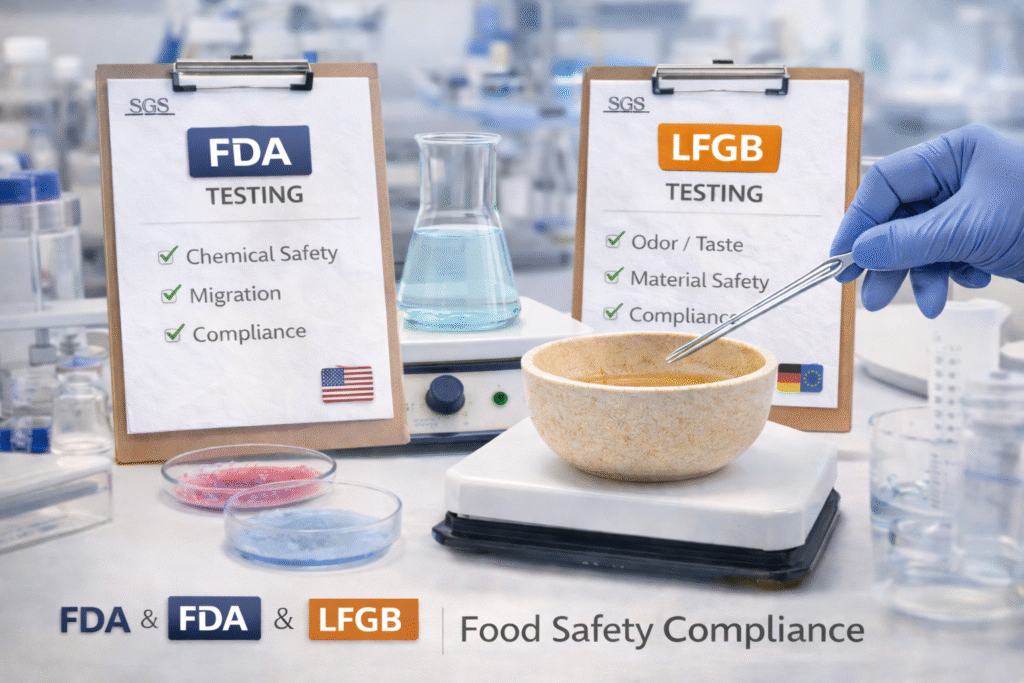 FDA vs LFGB certification for tableware comparison showing testing standards and safety requirements