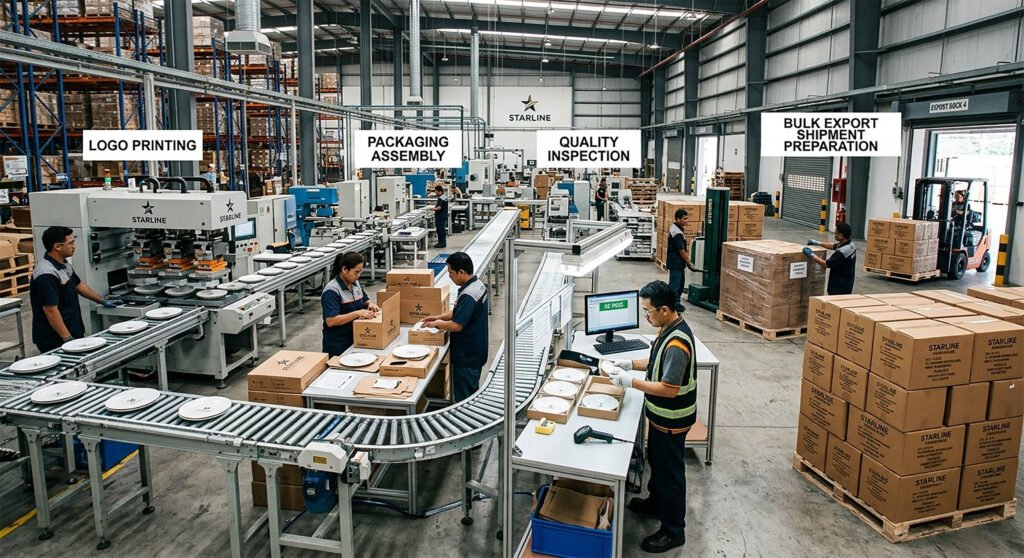 Factory production line showing logo printing