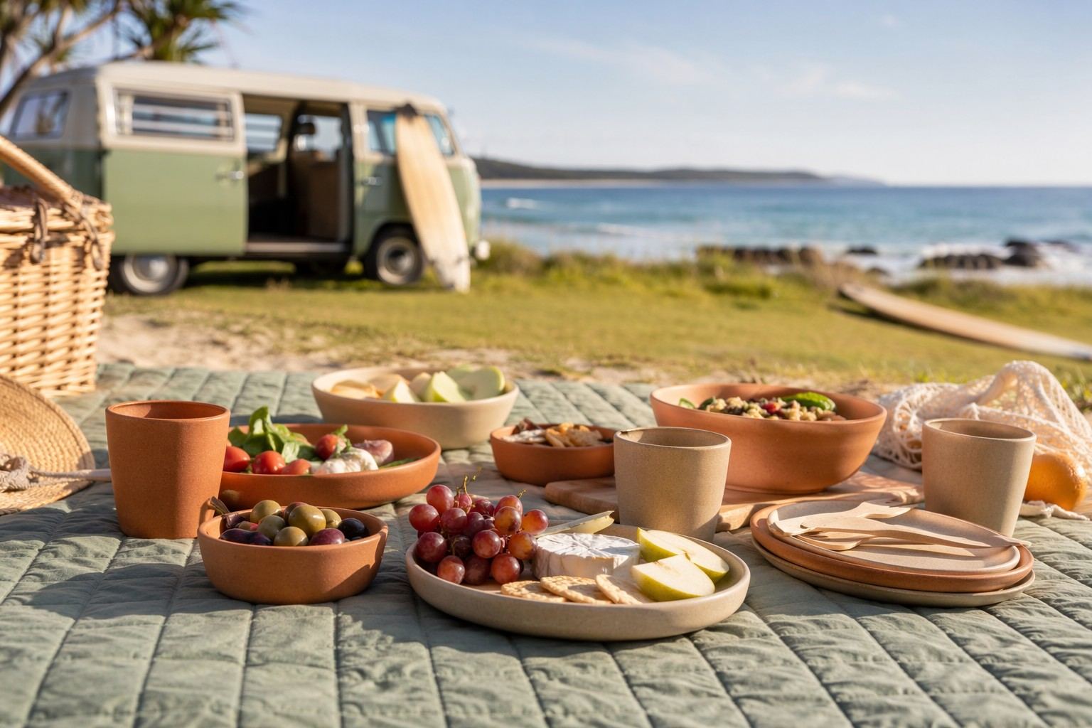 Reusable tableware used in an outdoor picnic setting