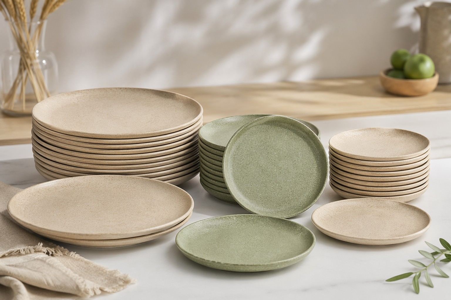 Stacked wheat straw plates in different sizes