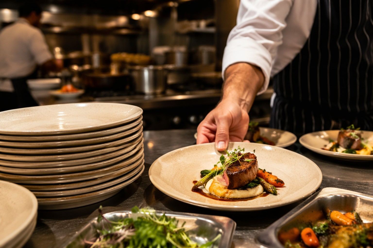 Restaurant chef presenting reusable wheat straw plate