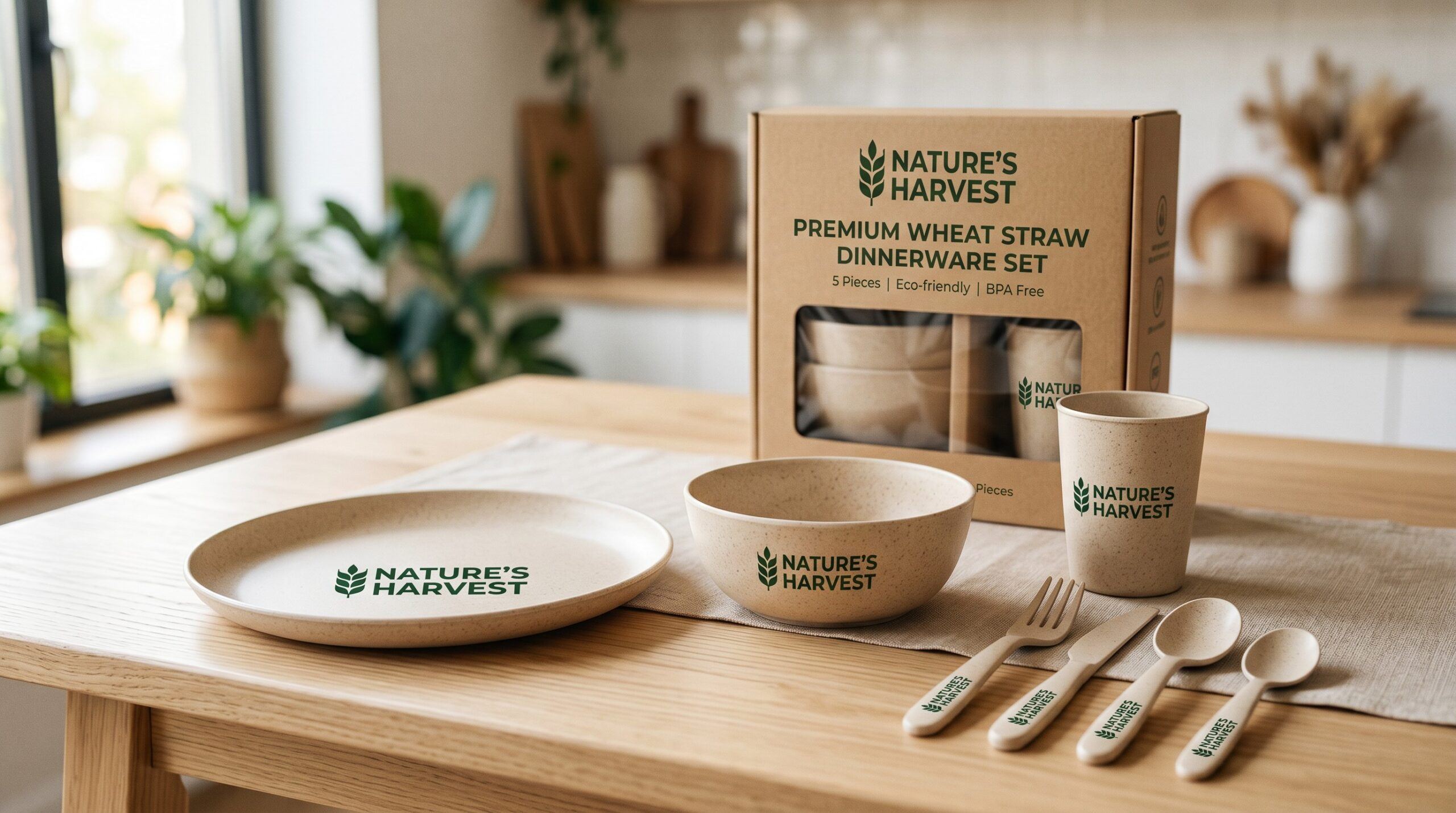 Private label wheat straw dinnerware set with coordinated branding