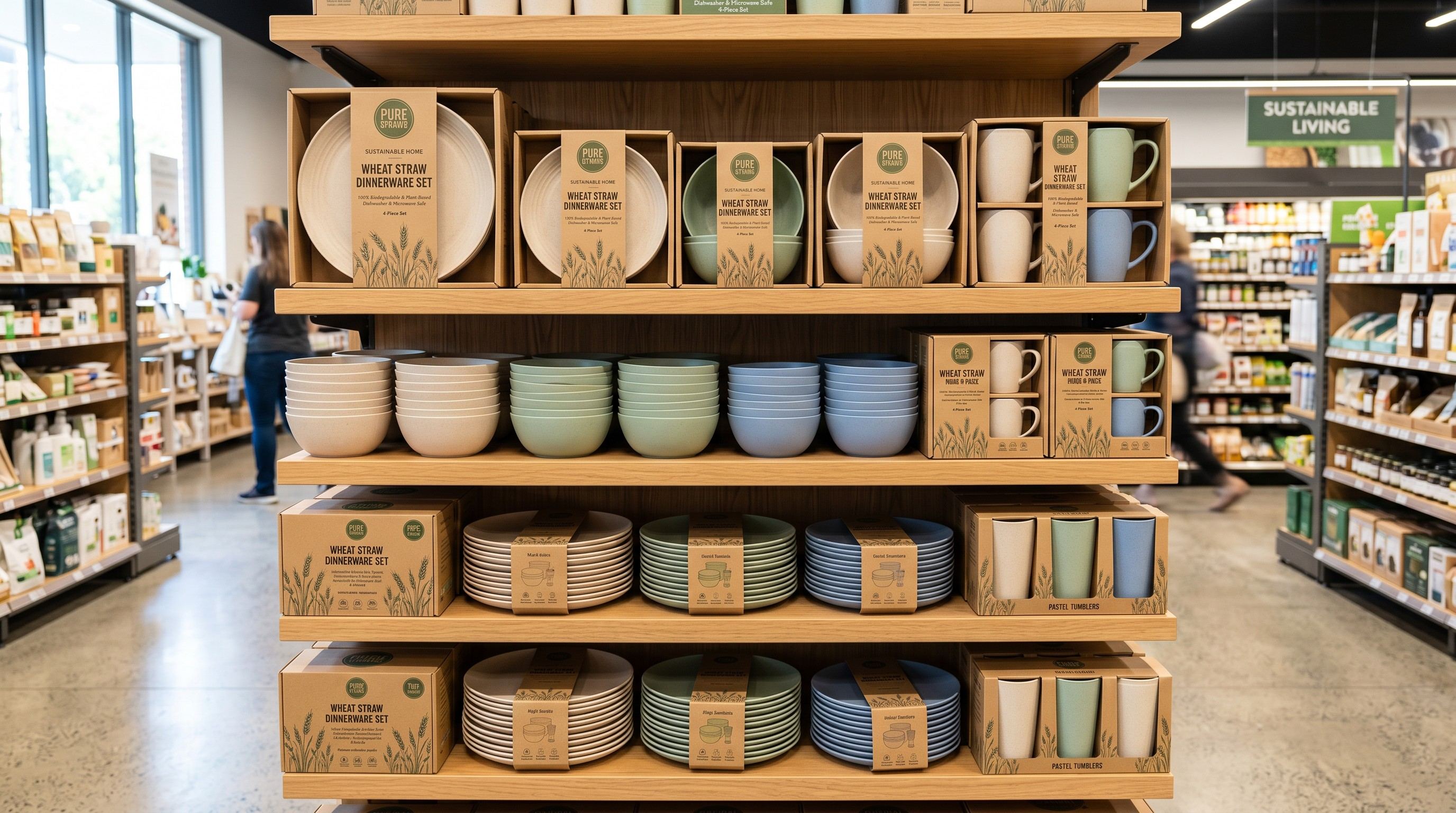 Coordinated dinnerware sets arranged for retail selection