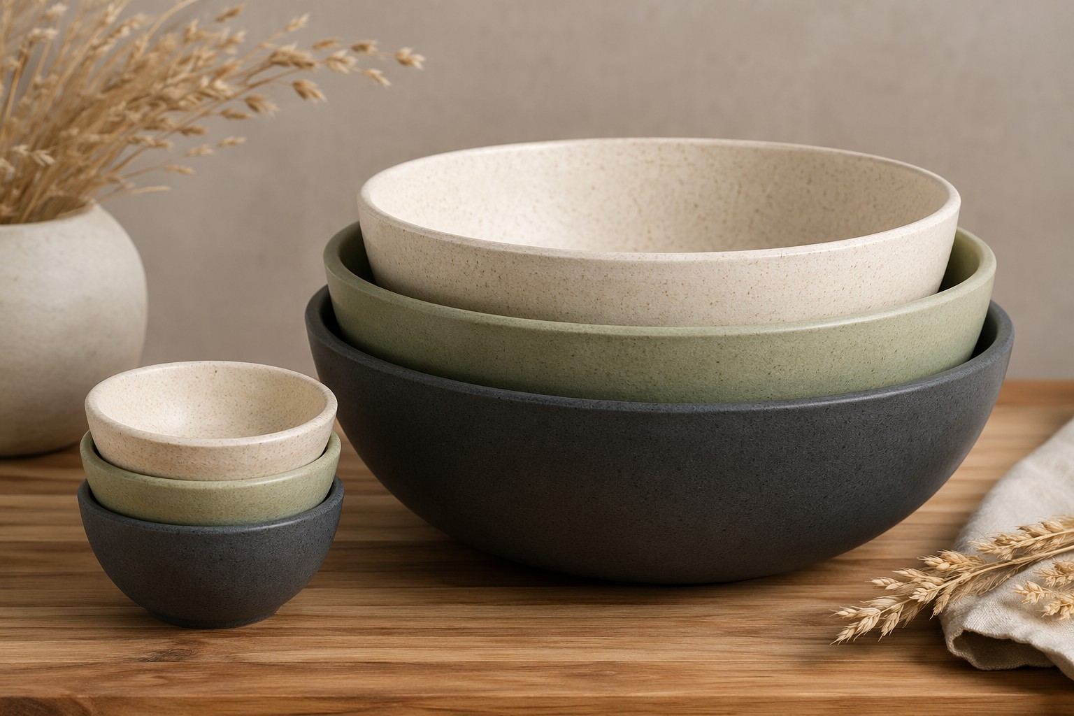 Wheat straw bowls in multiple shapes and capacities