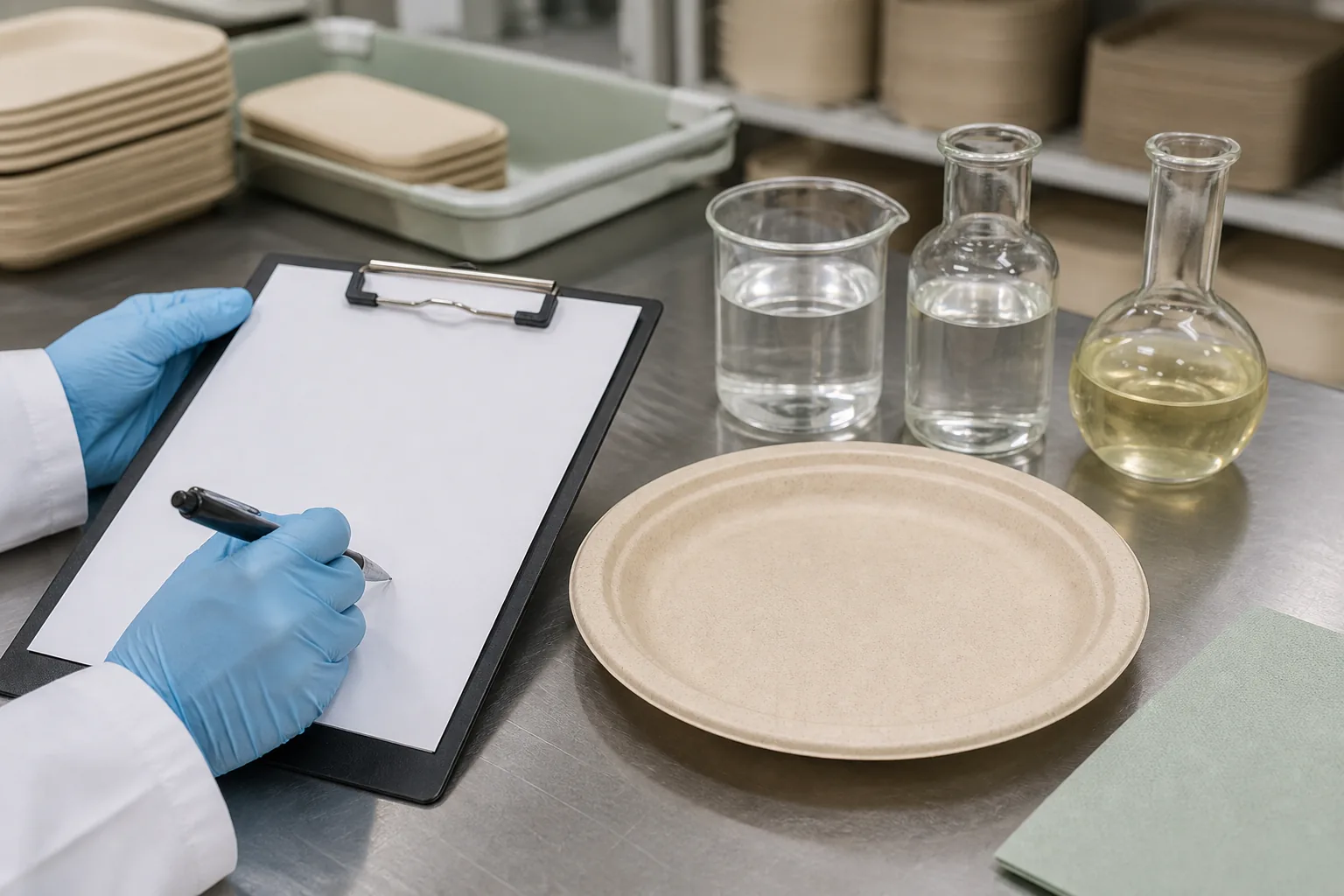 Acidic food contact sample review for wheat straw tableware Factory quality technician preparing wheat straw plate samples for acidic food contact review