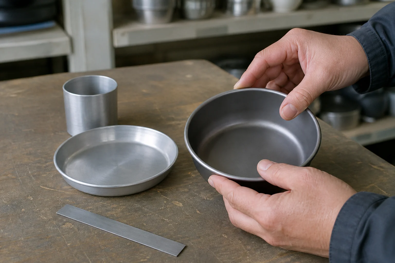Buyer inspecting the rim and surface of aluminum camping dinnerware