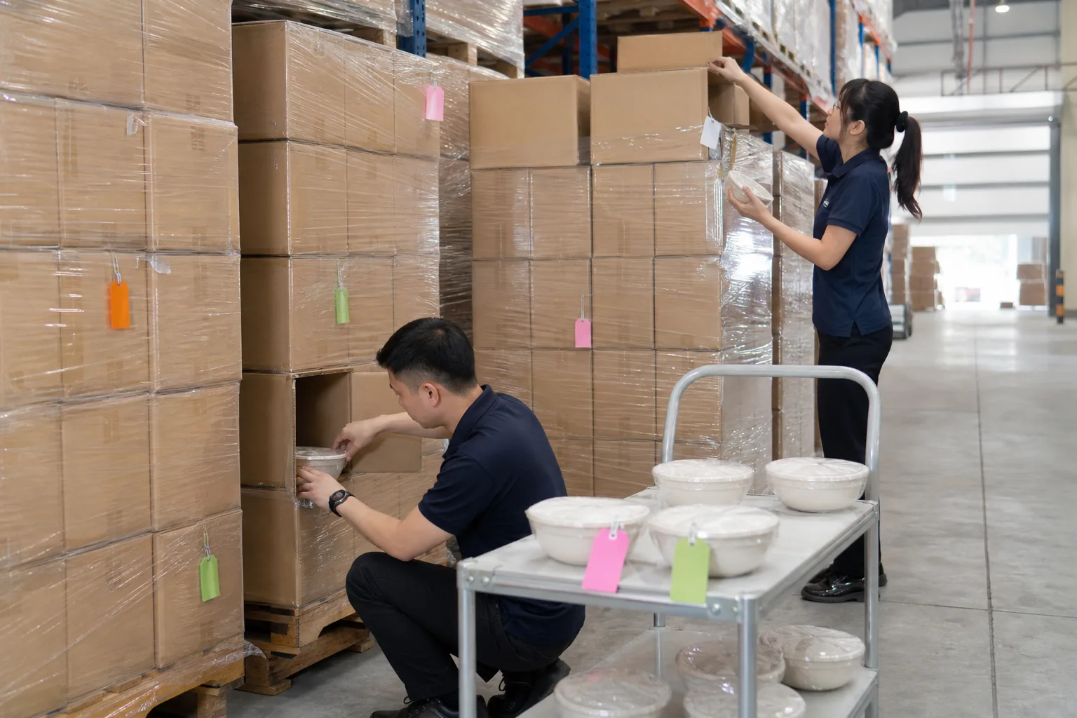 Quality staff selecting export cartons randomly for an AQL inspection