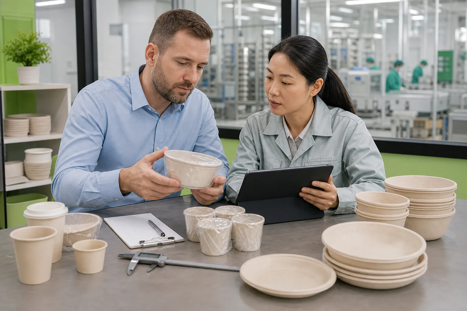 Buyer and factory quality manager reviewing AQL inspection evidence