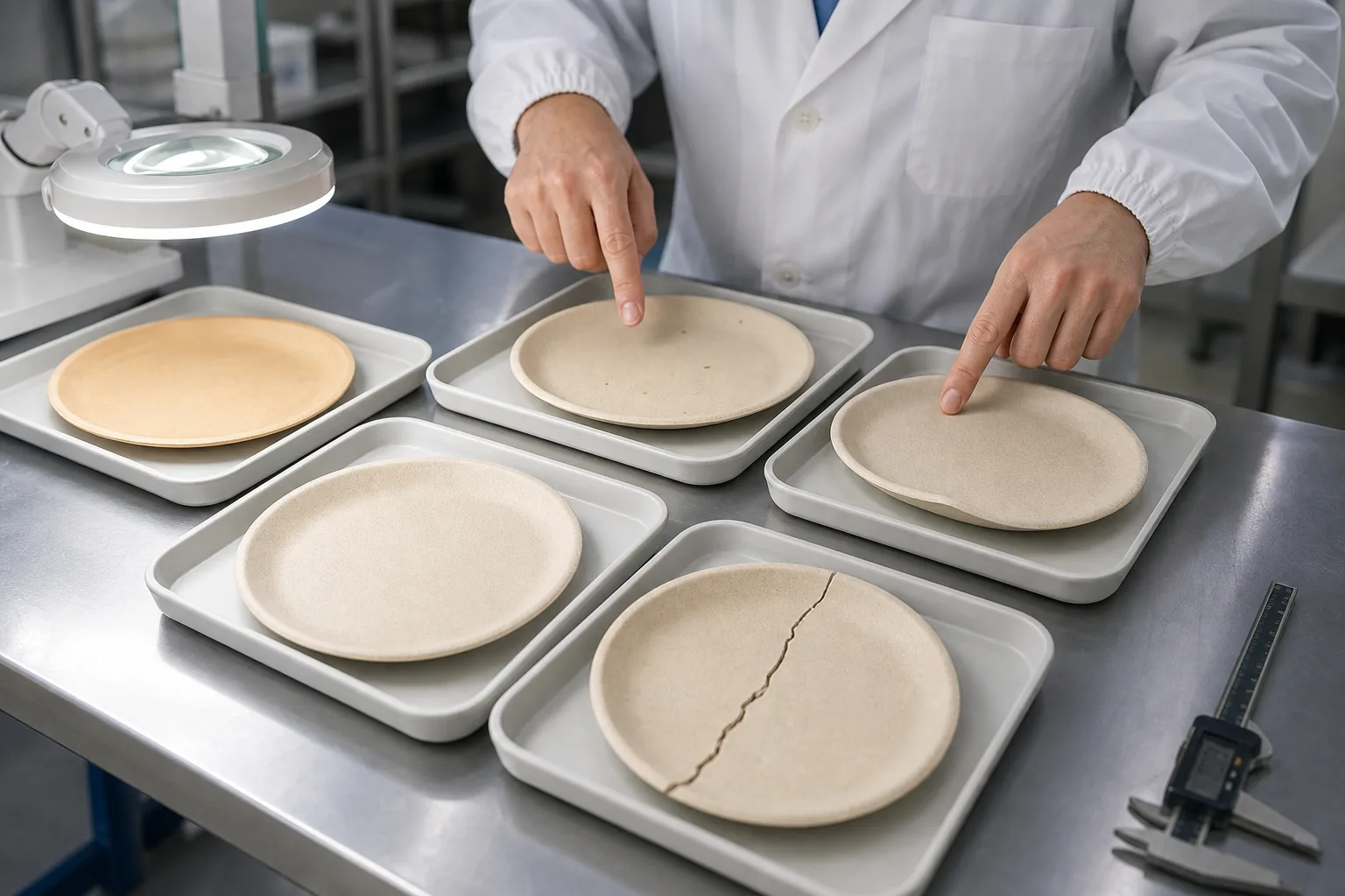 Inspector classifying cosmetic and functional wheat straw tableware defects