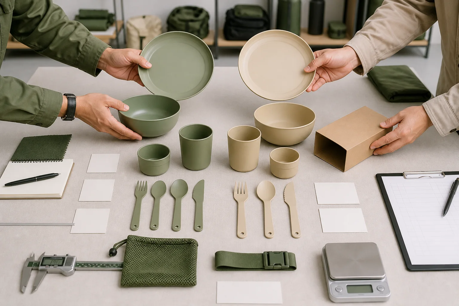 Outdoor brand team reviewing a camping mess kit component schedule
