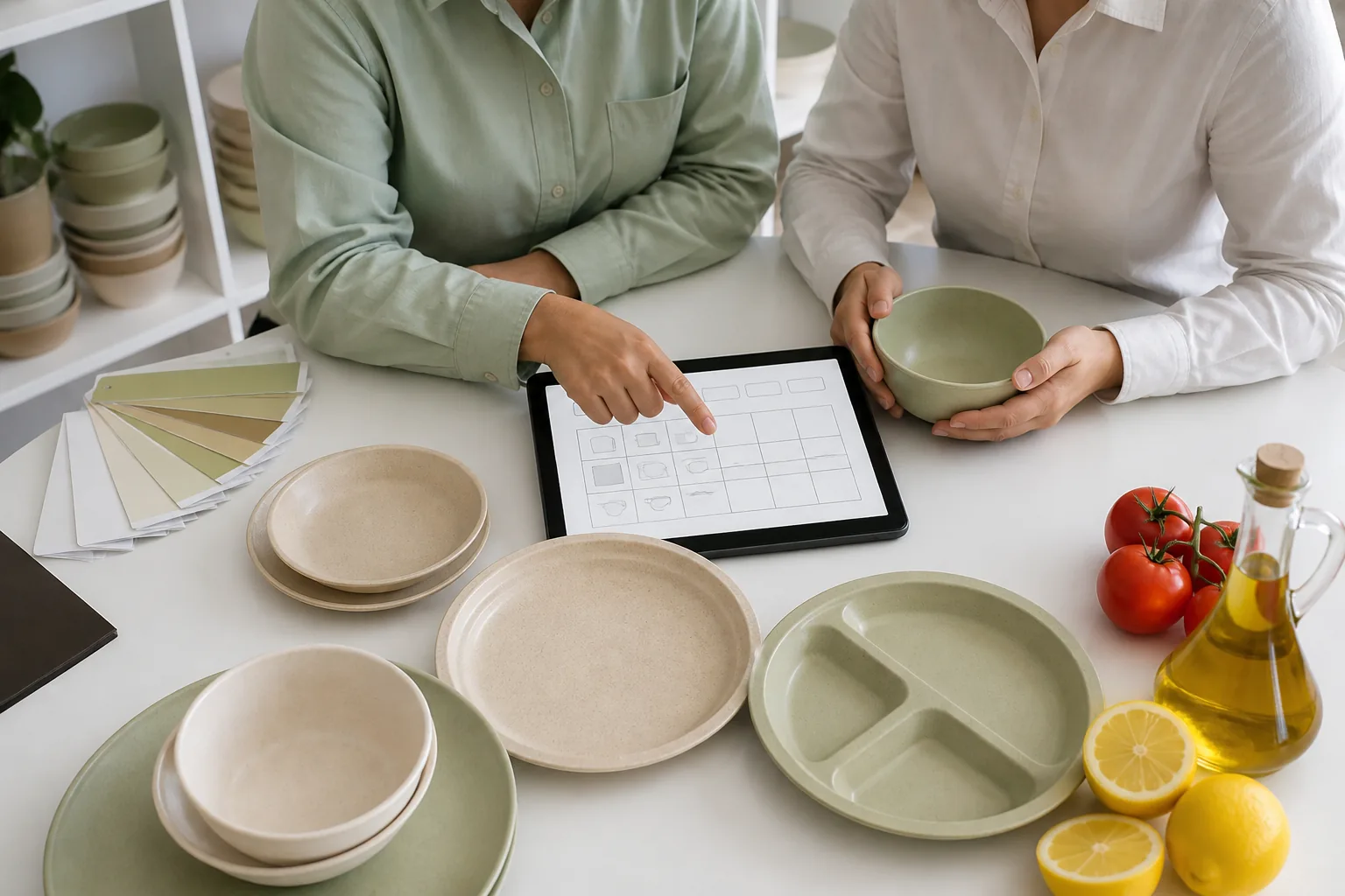 Buyer review of wheat straw tableware food contact specifications Buyer and supplier reviewing acidic and oily food specifications for wheat straw tableware