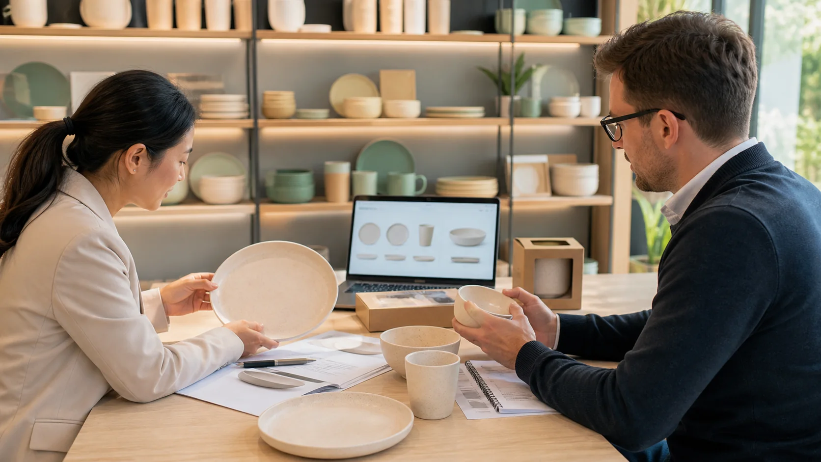 Buyer and manufacturer reviewing freezer-use specifications for wheat straw tableware