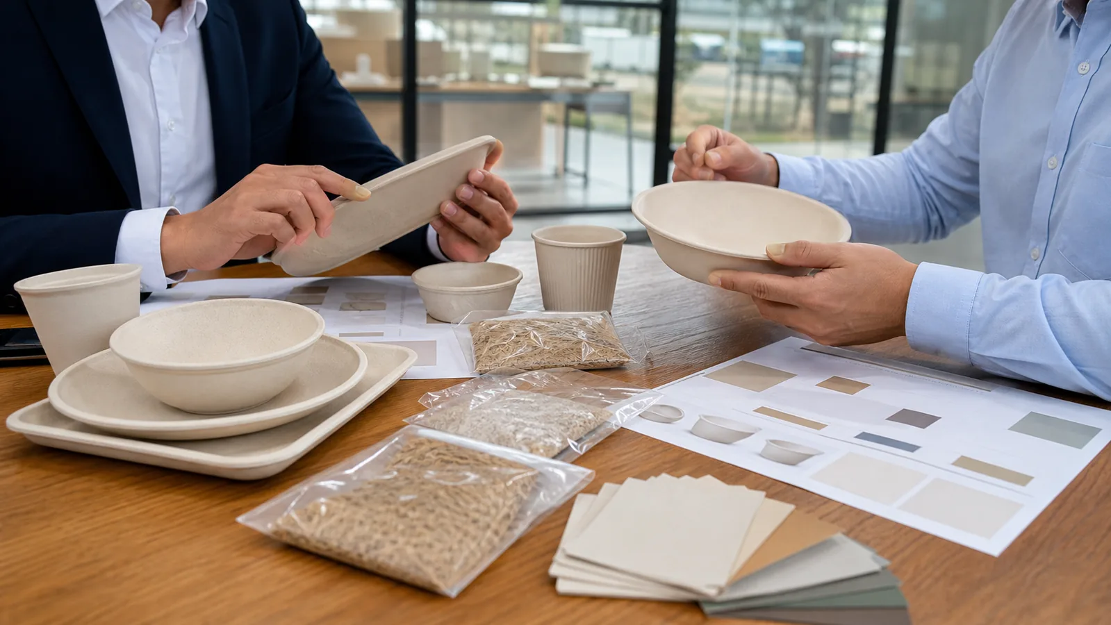 Buyer and factory specialist reviewing wheat straw tableware samples and material specifications