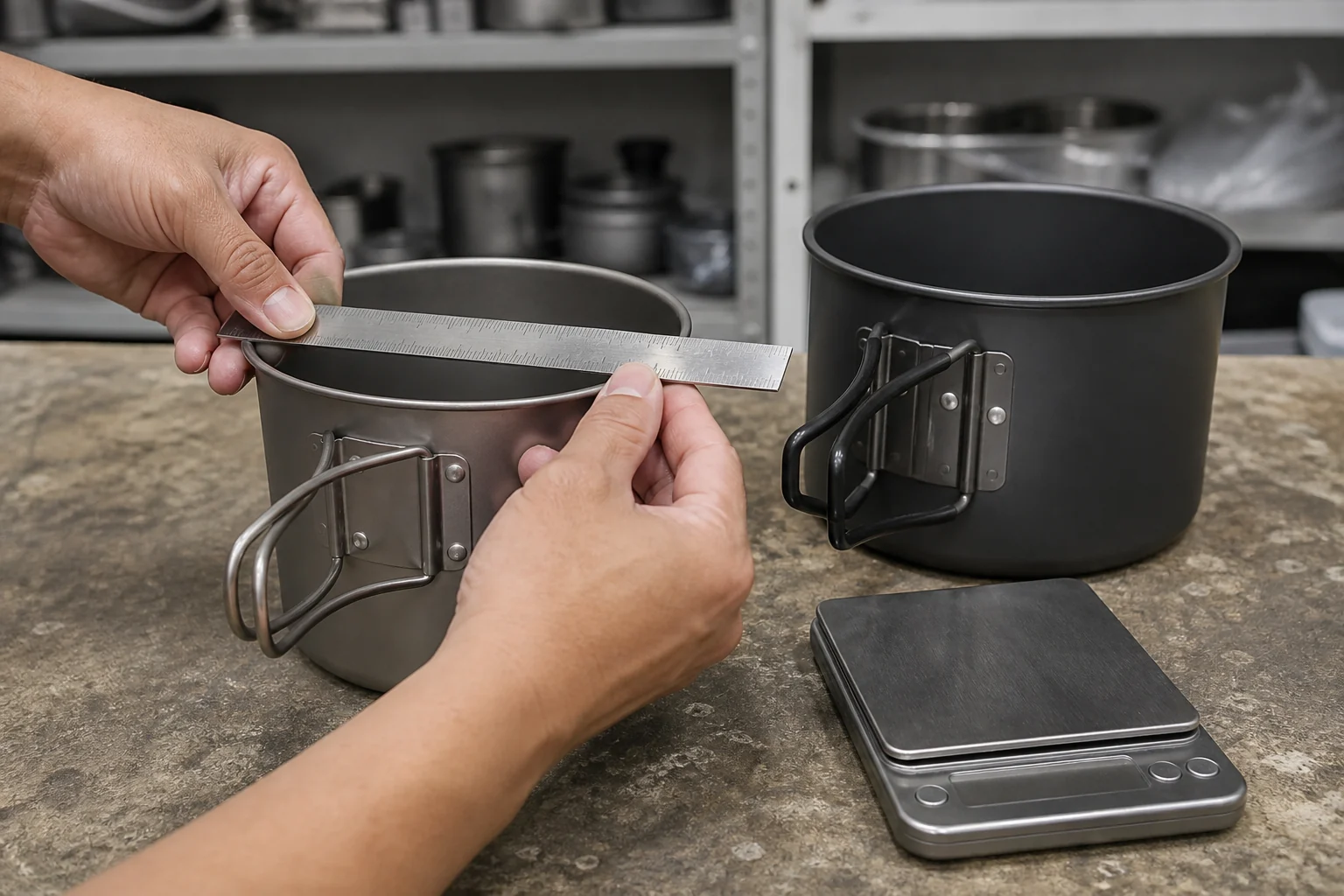 Buyer inspecting titanium and aluminum camping cookware samples