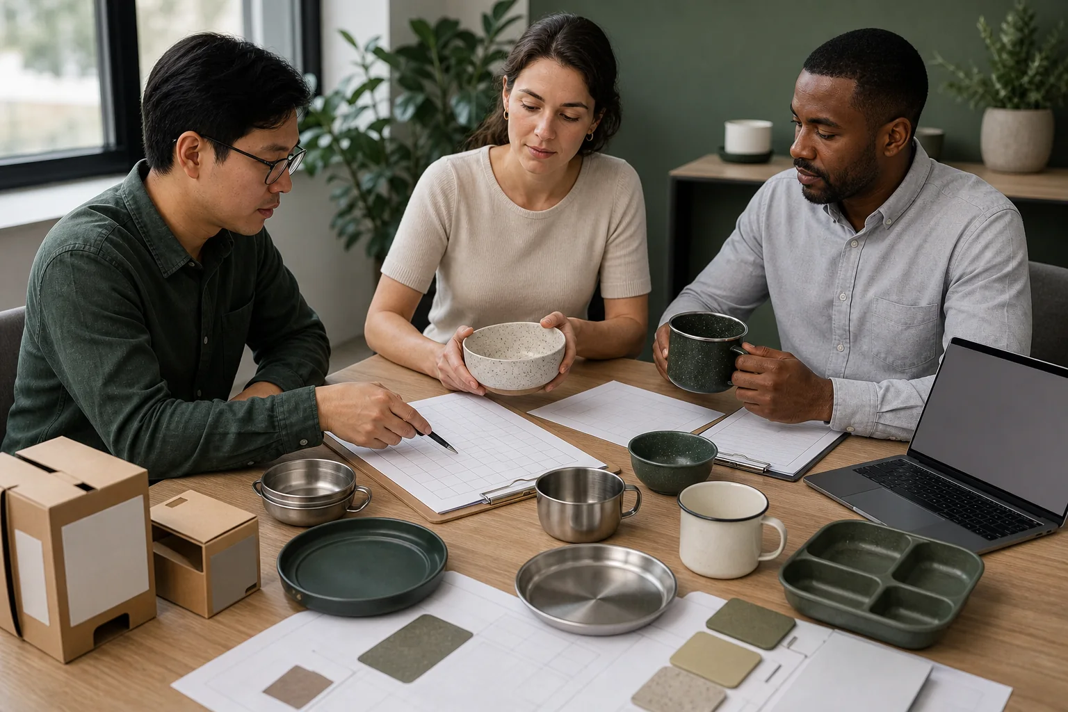 B2B buyer team reviewing a camping dinnerware material scorecard and samples