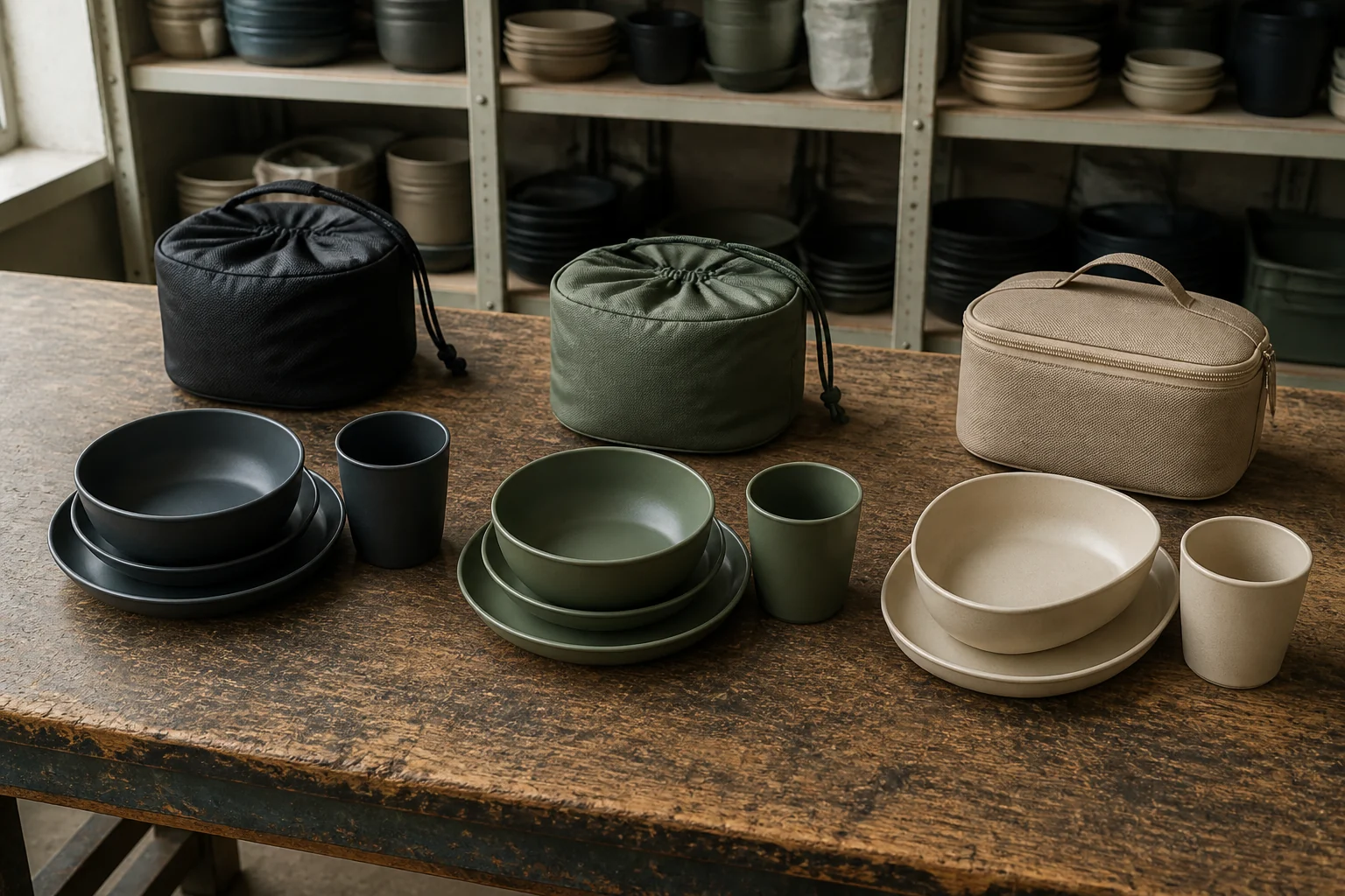 Three levels of camping dinnerware customization displayed with matching pouches