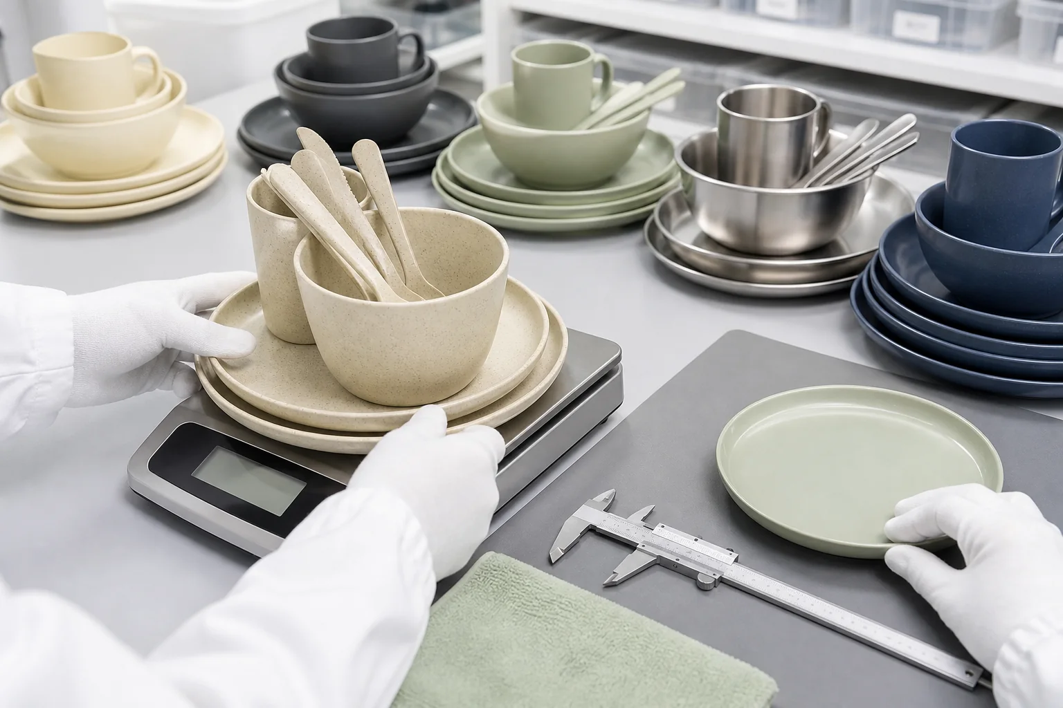 Finished camping dinnerware samples undergoing weight edge stability and cleaning checks