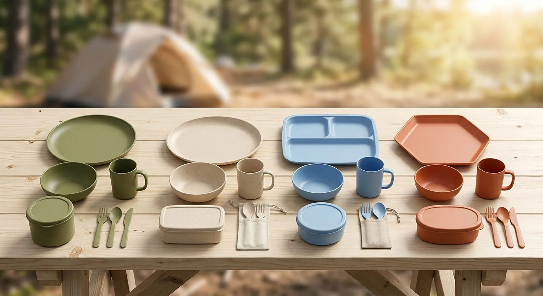 Coordinated outdoor dinnerware sets with plates bowls cups and cutlery