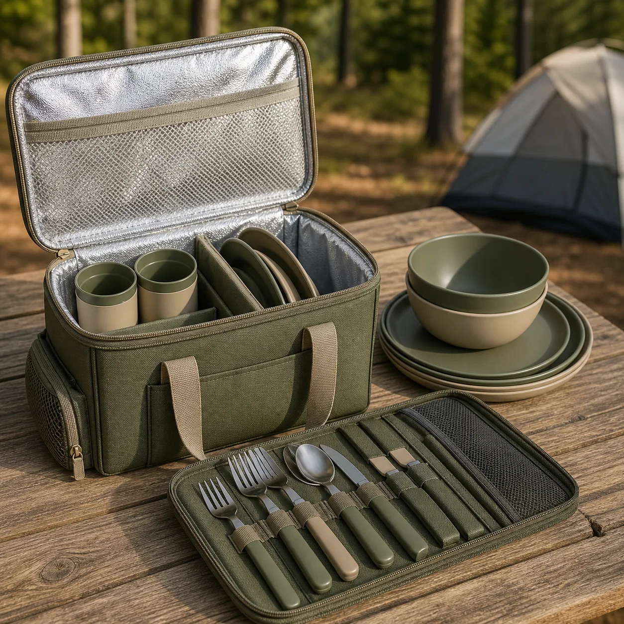 Complete camping dinnerware set with insulated lunch bag