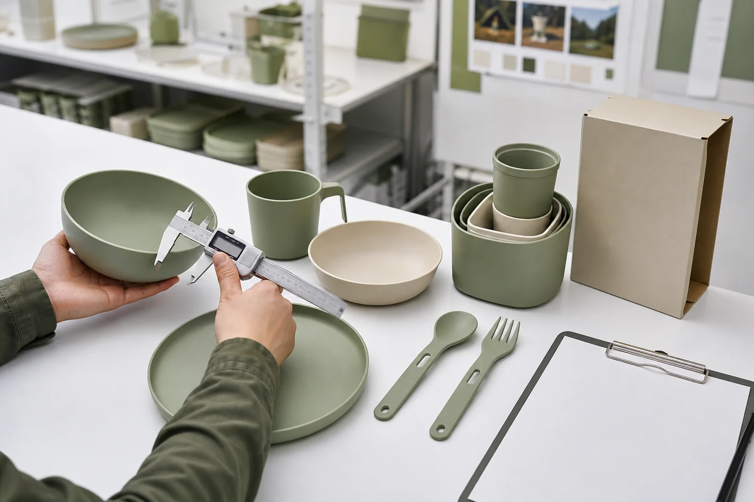 B2B buyer reviewing camping mess kit components and packaging
