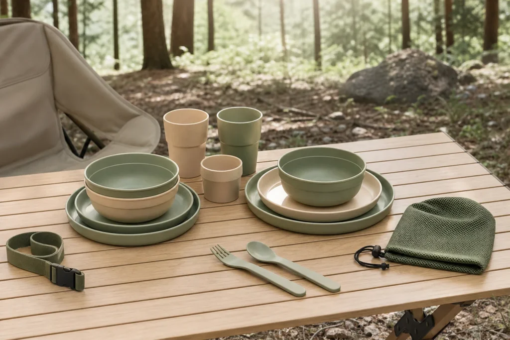 What is a camping mess kit shown as a complete reusable outdoor meal set