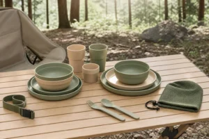 What is a camping mess kit shown as a complete reusable outdoor meal set