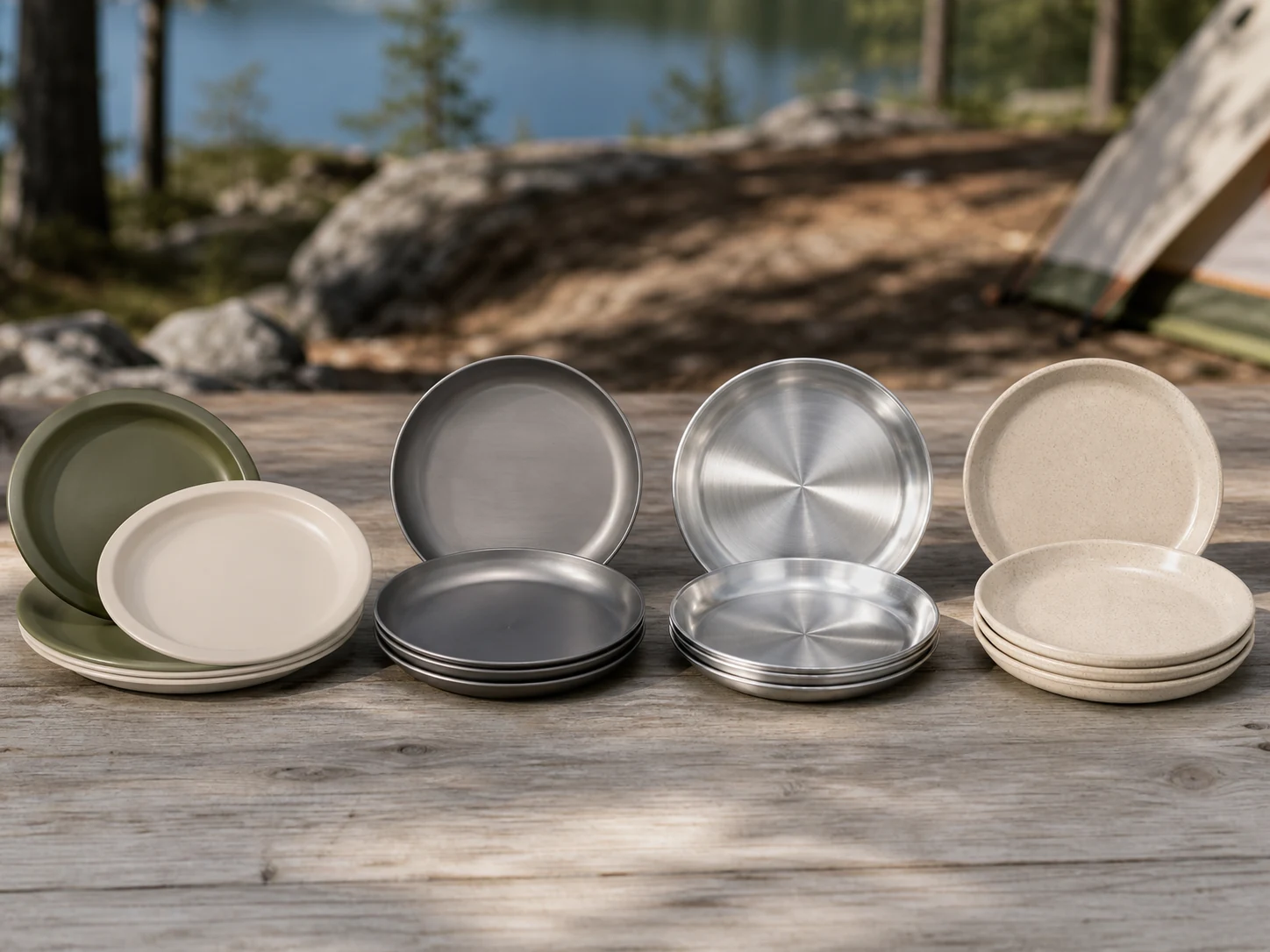 Camping plates in PP titanium stainless steel and wheat-straw composite