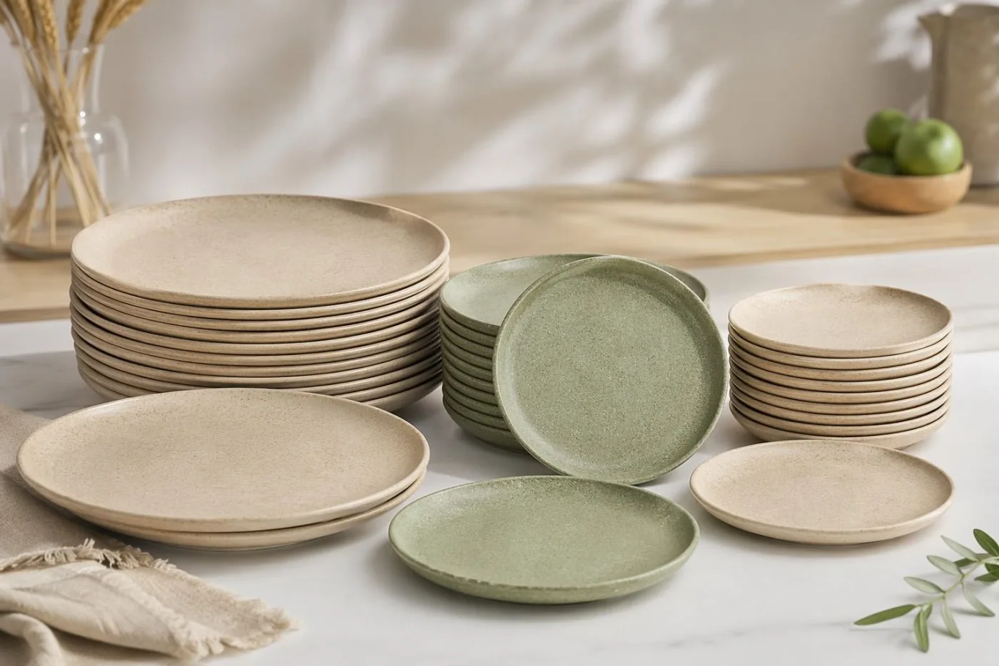 Stackable reusable camping plates in natural green and beige colors